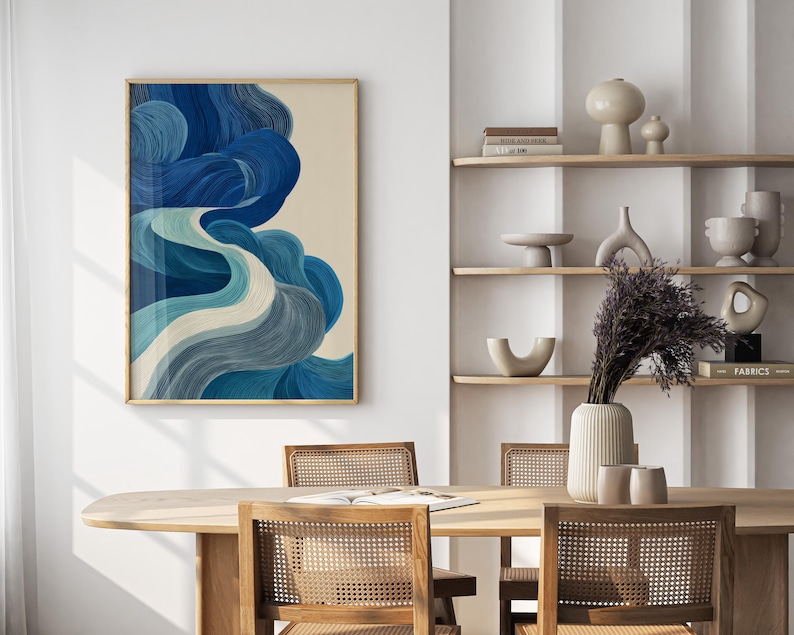 Blue Japandi Wave Wall Art – Minimalist Abstract Ocean Print, Japanese ...