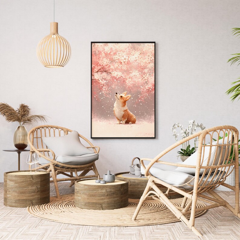 Puede incluir: Una impresi&oacute;n art&iacute;stica enmarcada que presenta una pintura a la acuarela de un perro corgi mirando hacia arriba a las flores de cerezo rosas. La obra de arte est&aacute; ambientada sobre un fondo suave y nevado. La impresi&oacute;n se exhibe en un sal&oacute;n con muebles de mimbre.