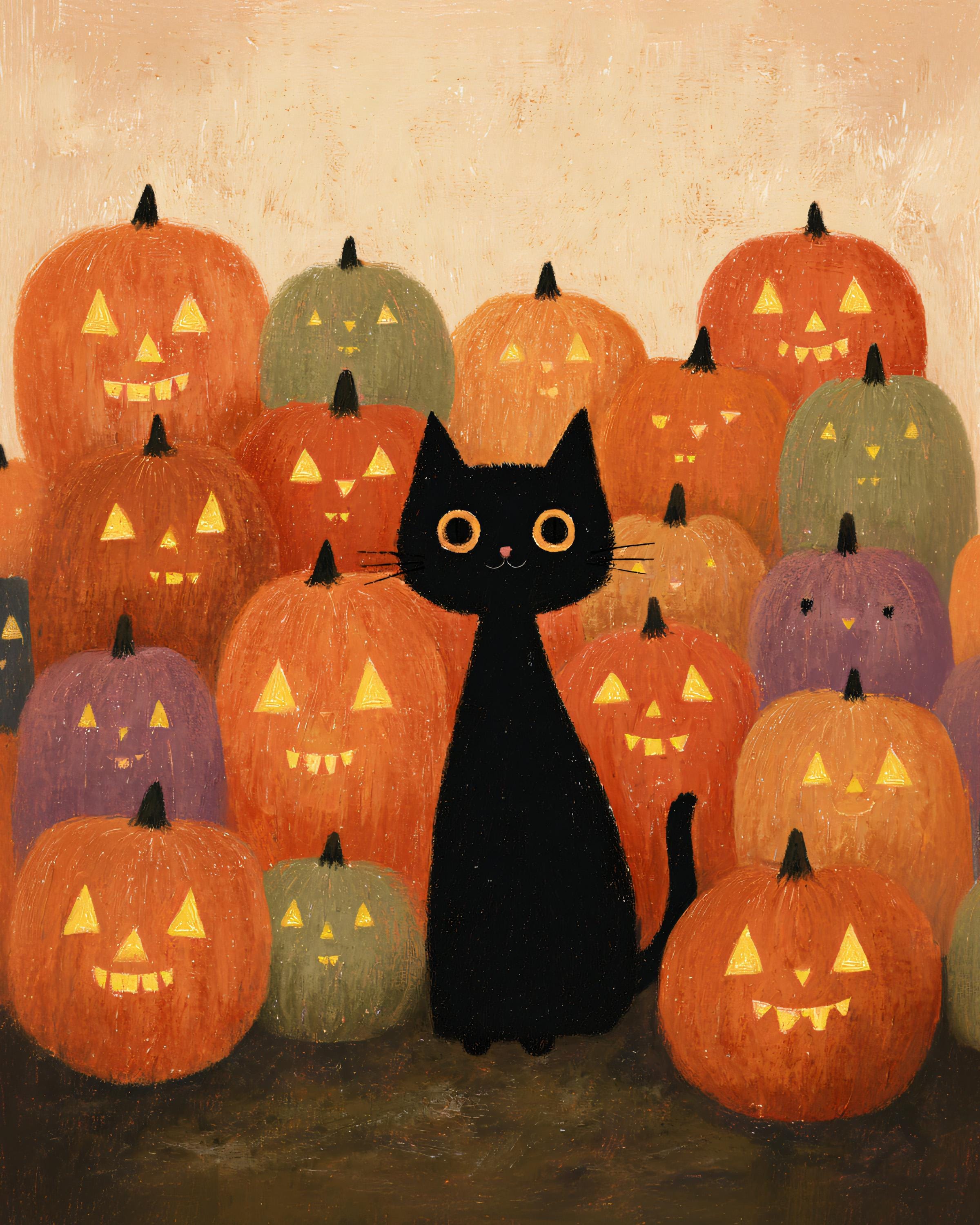 Halloween Black Cat Wall Art Printable, Cat With Pumpkins Poster, Cute ...