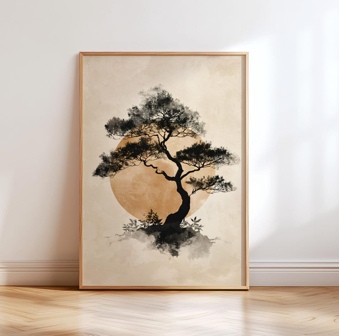 Japandi Tree Wall Art Print – Minimalist Japanese Ink Landscape Poster ...