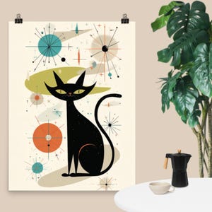 Atomic Black Cat Poster – Retro Midcentury Modern Starburst Wall Art, Vintage Space Cat Print