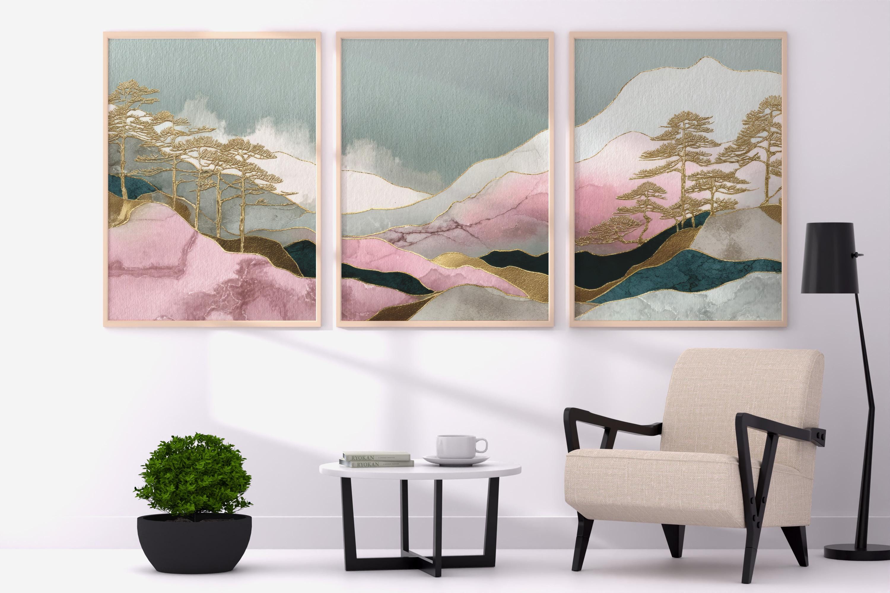 Japandi Mountain Landscape Triptych Print Set: Pink, Green, Gold