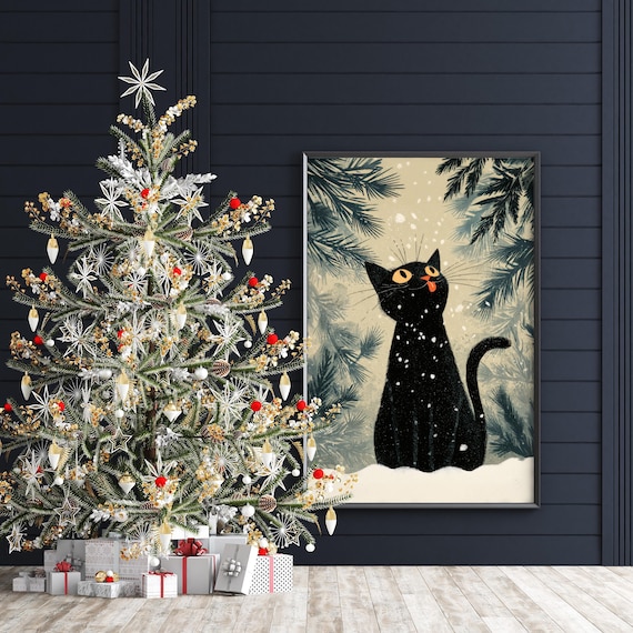 稲垣知雄 木版画 「Cat and Christmas Tree」 稲垣知雄 木版画 「Cat