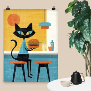Atomic Cat Burger Poster: Retro Mid-Century Modern Kitchen Art