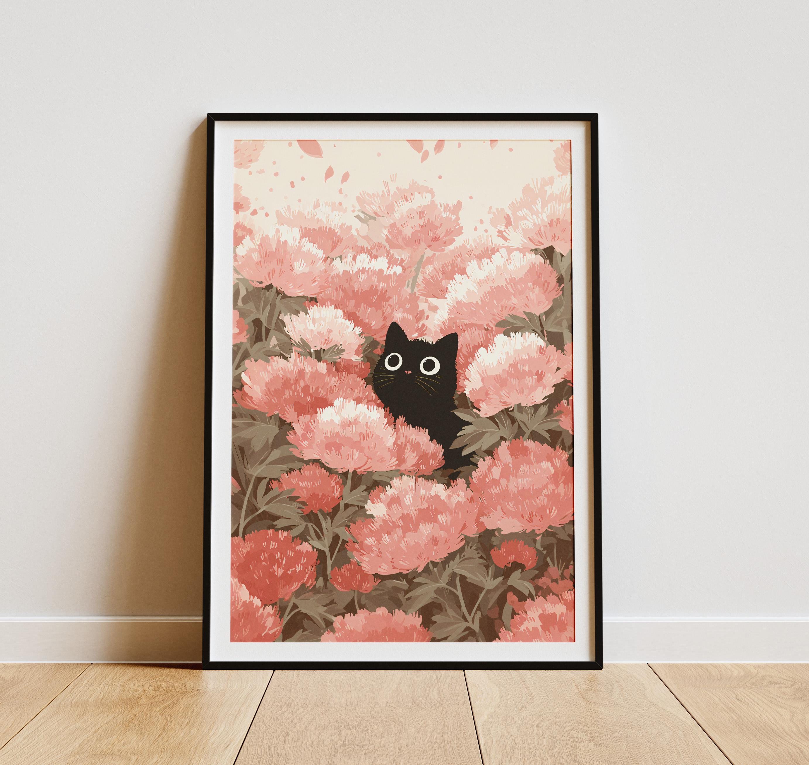 Black Cat Peonies Print – Whimsical Floral Wall Art - Etsy