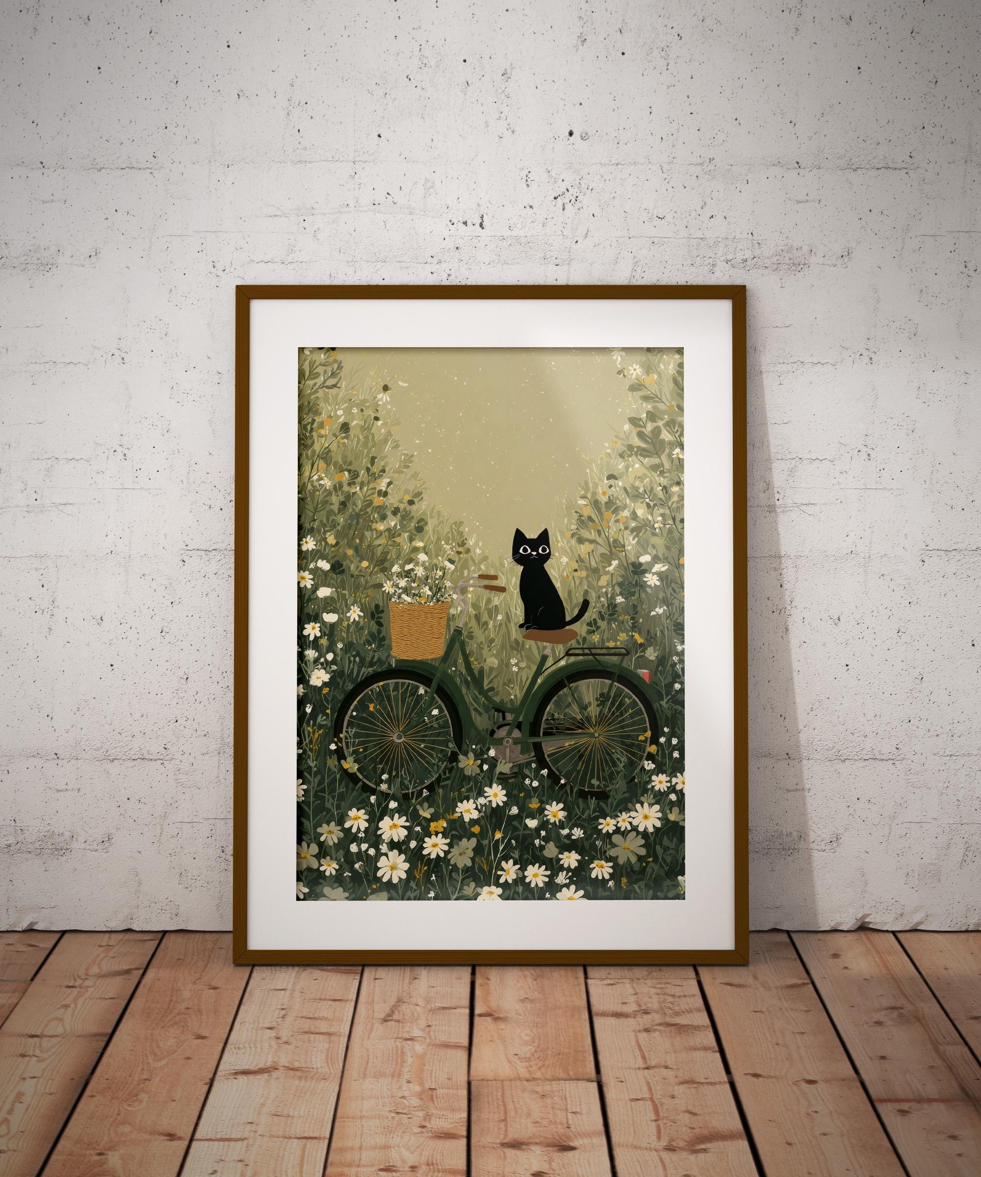 自転車に乗った黒猫のアートプリント：気まぐれな花畑（デジタル