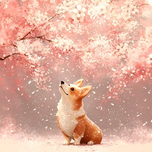 Puede incluir: Ilustraci&oacute;n de un perro corgi mirando hacia arriba a un cerezo en flor. El perro tiene pelaje marr&oacute;n y blanco y est&aacute; sentado en el suelo. El &aacute;rbol tiene flores rosas.