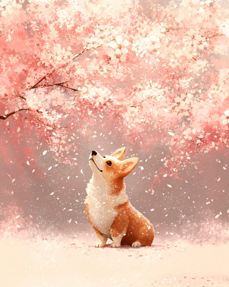 Puede incluir: Ilustraci&oacute;n de un perro corgi mirando hacia arriba a un cerezo en flor. El perro tiene pelaje marr&oacute;n y blanco y est&aacute; sentado en el suelo. El &aacute;rbol tiene flores rosas.