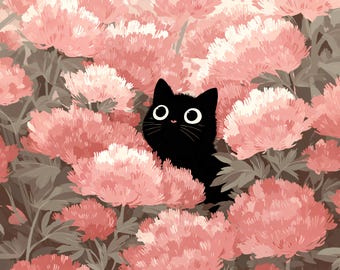 Black Cat Peonies Print – Whimsical Floral Wall Art - Etsy