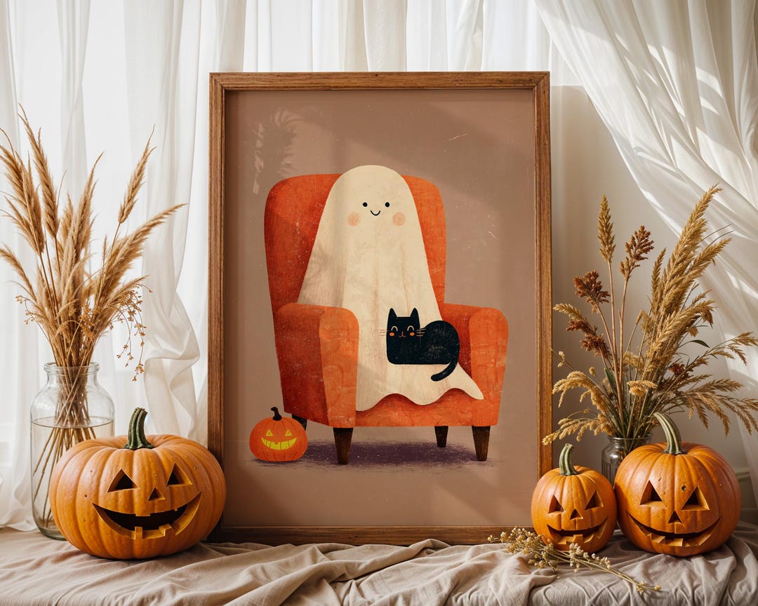 Cute Ghost and Black Cat Wall Art Print, Cozy Halloween Poster, Pumpkin ...