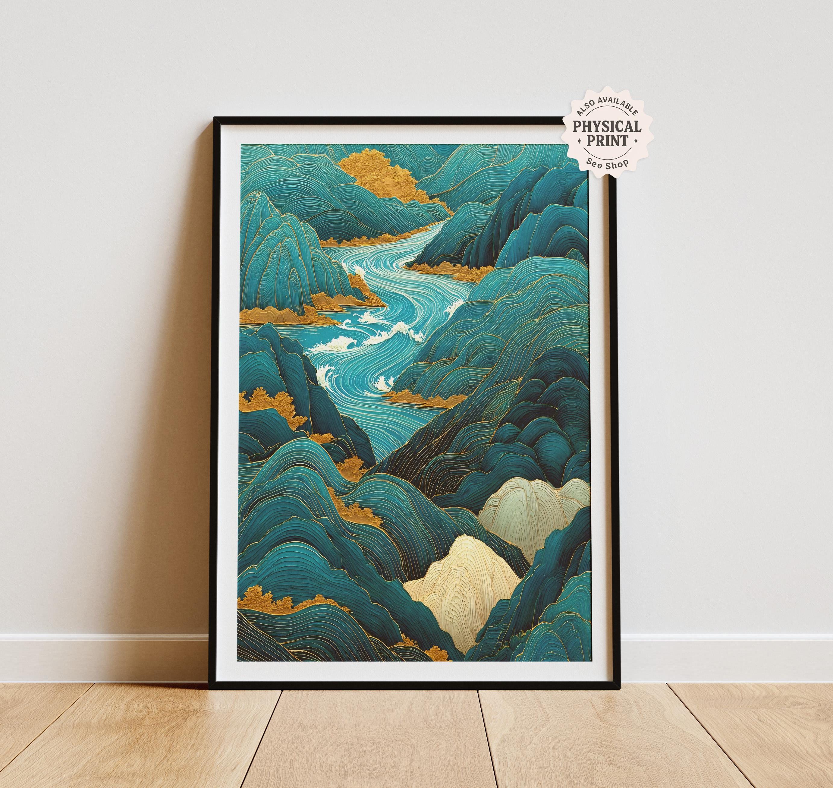 風景絵画　プリント　ocean blue dmacara Japandi Teal Wave Print: Blue Gold River, Mountain Landscape