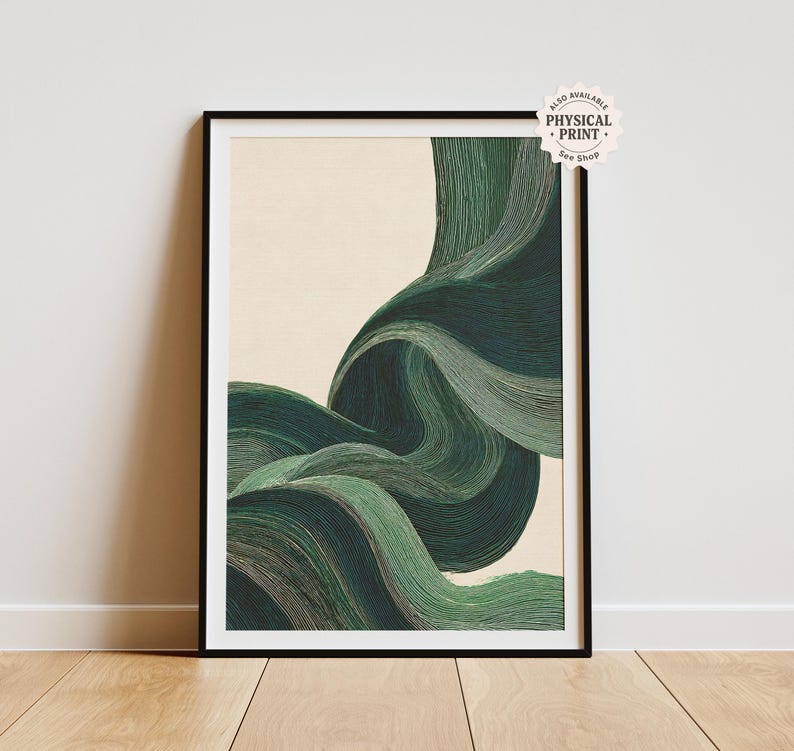 May include: Abstract art print featuring flowing, layered green lines against a cream background, framed in black. The artwork has a textured appearance, with the words "ALSO AVAILABLE PHYSICAL PRINT See Shop" on a sticker in the upper right corner.