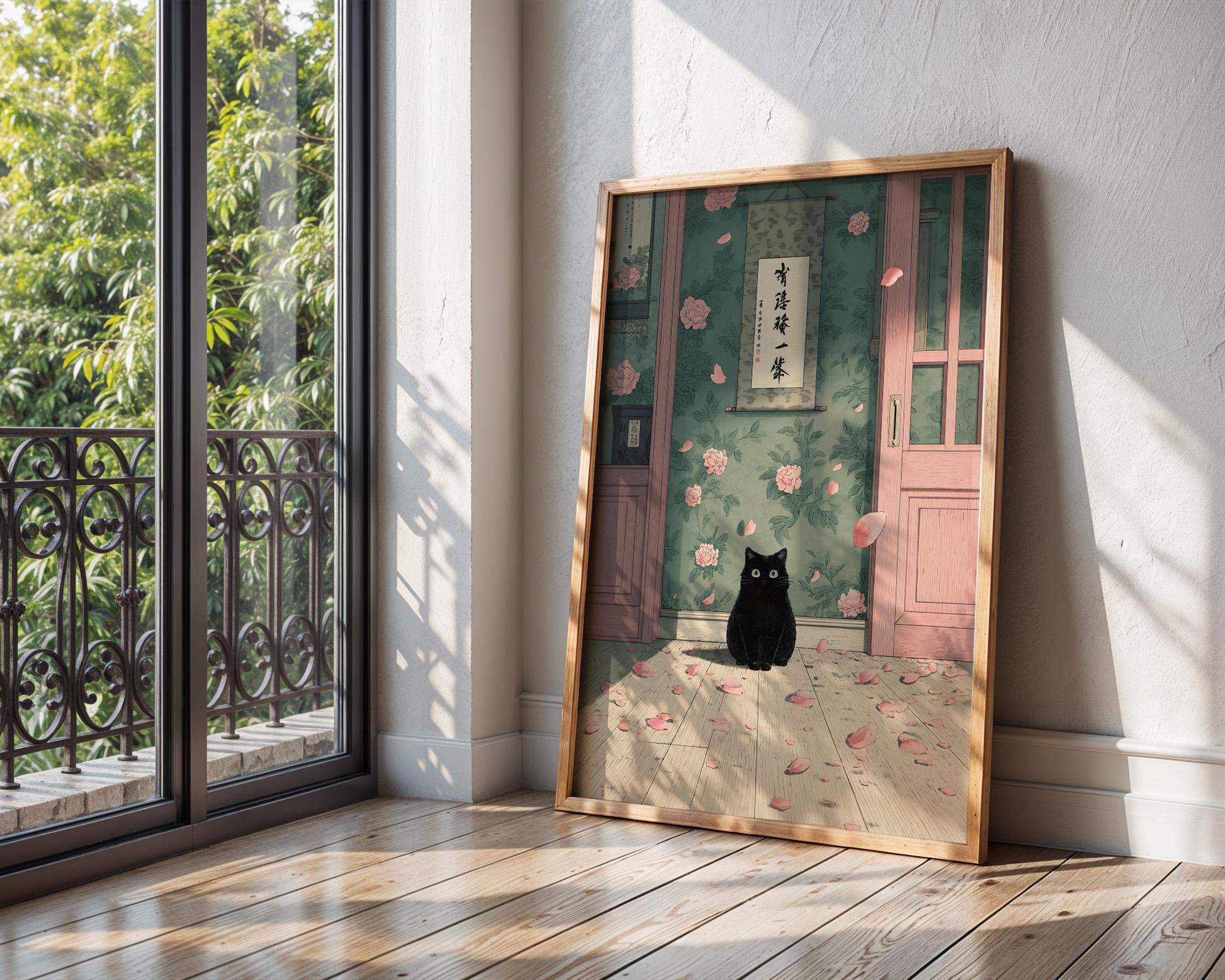 Japandi Black Cat Wall Art With Falling Peony Petals, Japanese