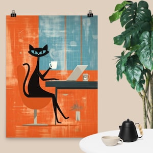 Atomic Cat Coffee Poster: Mid-Century Modern Office Wall Art