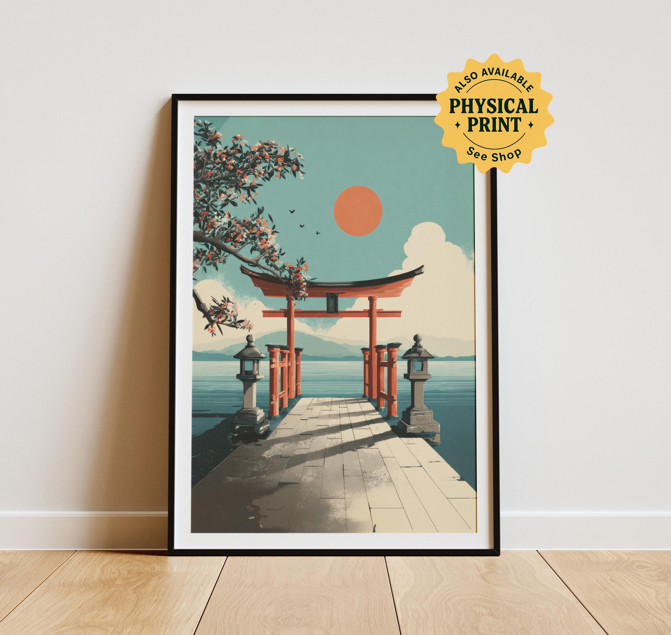 Japandi Torii Gate Print: Red Sun Japanese Shrine Art (digital
