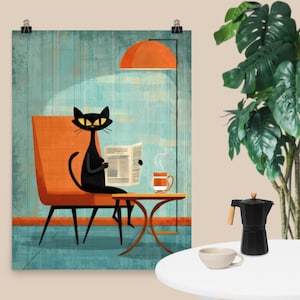Atomic Black Cat Reading Print: Mid-Century Modern Living Room Wall Art
