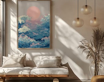 Japandi Wave Art Print: Pink Sun, Coastal Decor (digital Download