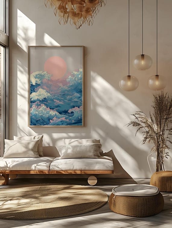Japandi Wave Art Print: Pink Sun, Coastal Decor (digital Download