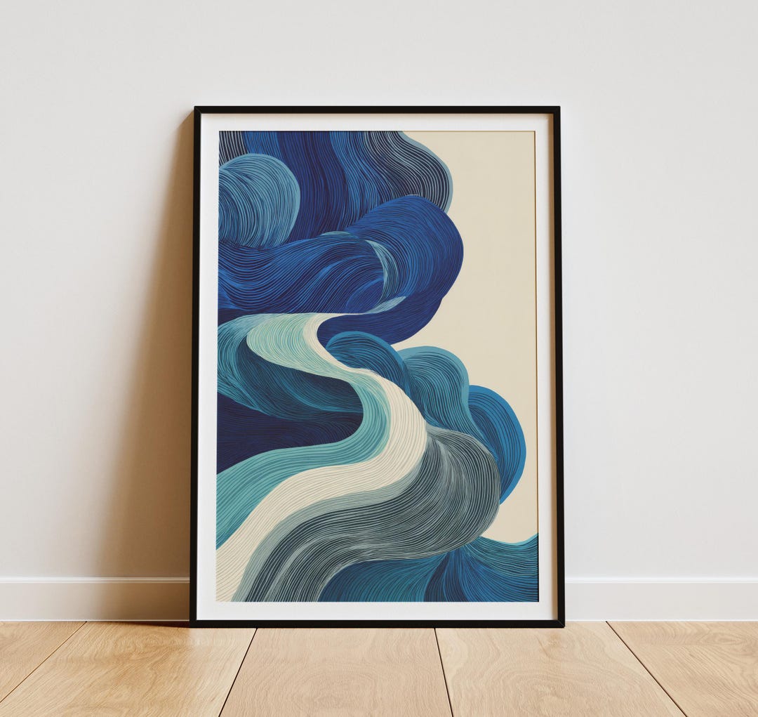 Blue Japandi Wave Wall Art – Minimalist Abstract Ocean Print, Japanese ...