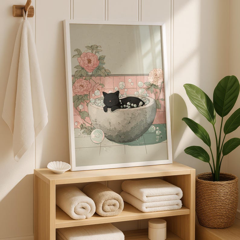 Japandi Black Cat Bubble Bath Print, Asian Minimalist Bathroom Wall Art ...