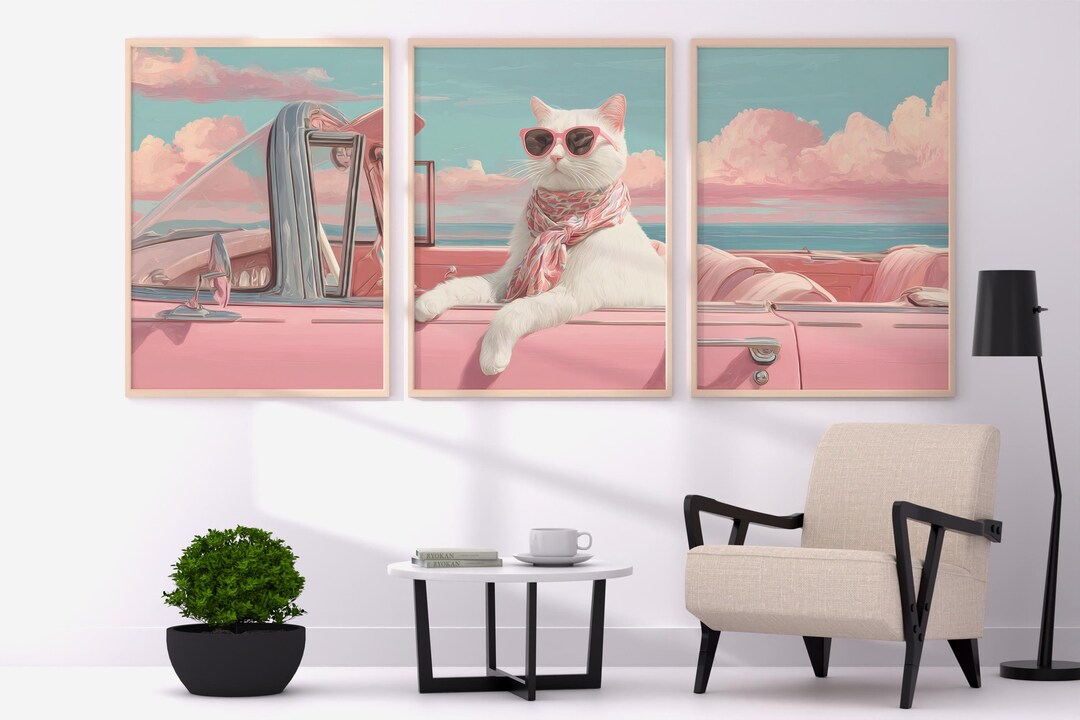 Retro Pink Cat in Convertible – Printable Cat Triptych for Wall Decor ...