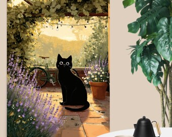 Black Cat in Garden – Retro Midcentury Modern Summer Patio Wall Art Print