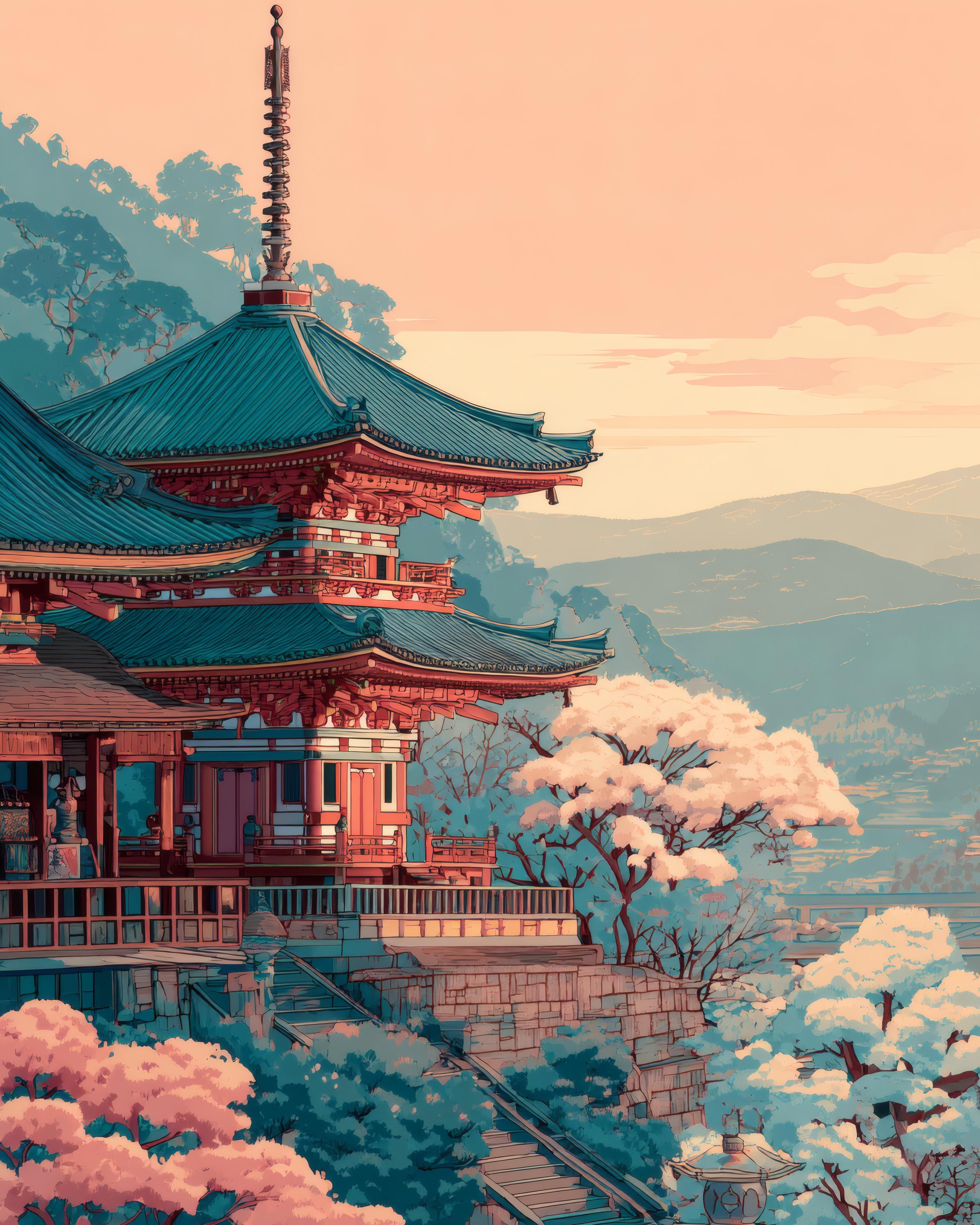 京都の五重塔の版画：日本の寺院、桜のアート（デジタルダウンロード