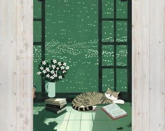 Sleeping Tabby Cat Poster: Cozy Cottagecore Reading Nook Wall Art