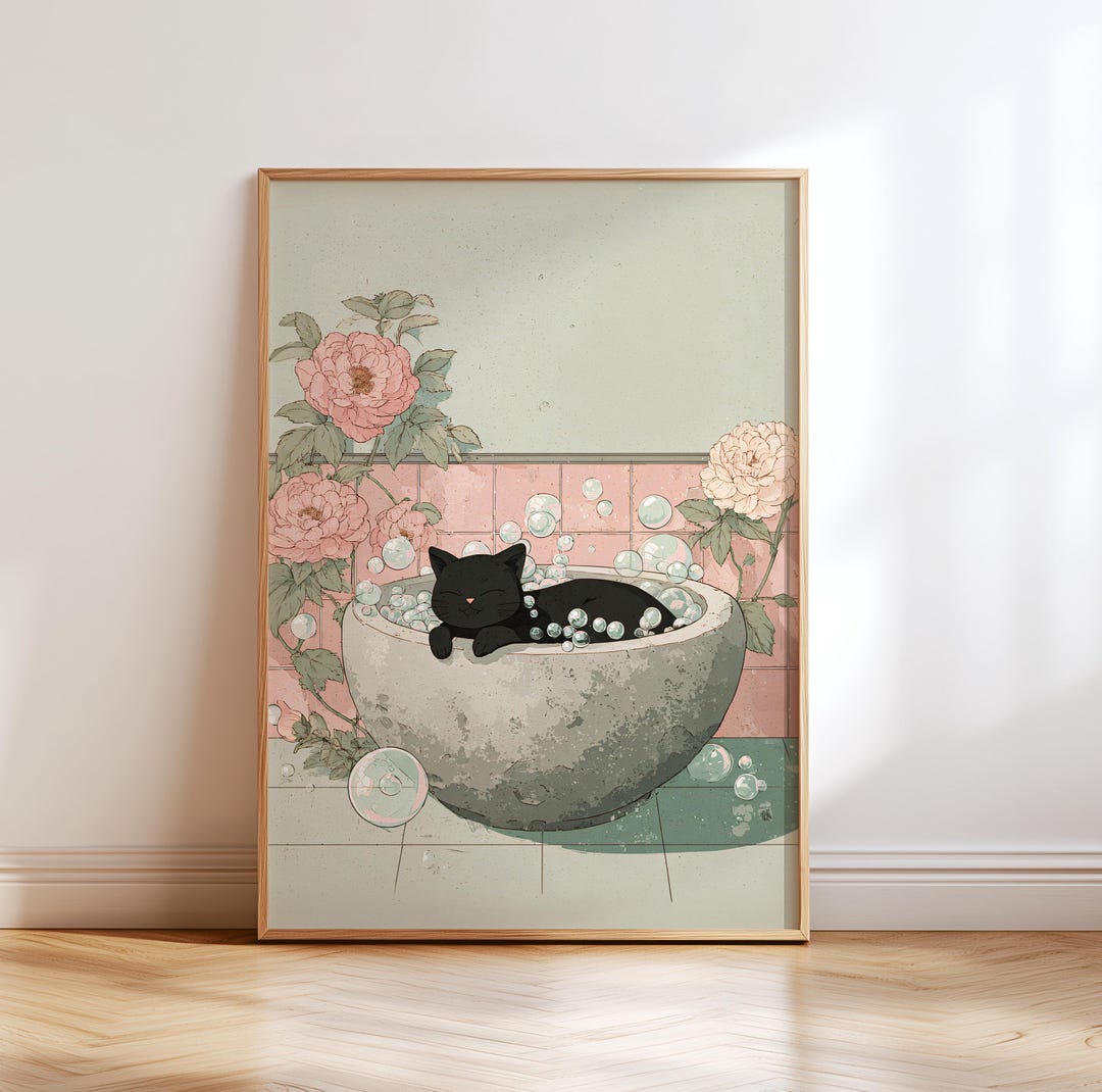 Japandi Black Cat Bubble Bath Print, Asian Minimalist Bathroom Wall Art ...