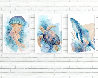 Watercolor Ocean Animal Prints: Jellyfish, Turtle, Whale (Digital Download)