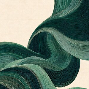 May include: Abstract artwork featuring flowing, layered forms in shades of green against a cream background. The design evokes a sense of movement and depth, with fine lines creating texture and dimension. The artwork is suitable for wall decor.