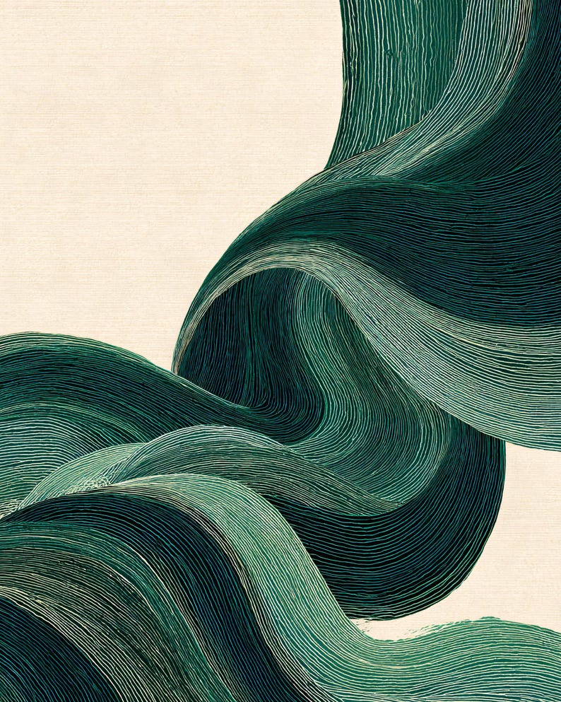 May include: Abstract artwork featuring flowing, layered forms in shades of green against a cream background. The design evokes a sense of movement and depth, with fine lines creating texture and dimension. The artwork is suitable for wall decor.