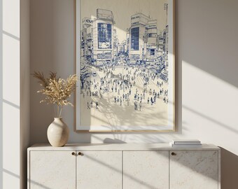 Tokyo Shibuya Crossing Poster – Ink Sketch Line Art Japan, Urban