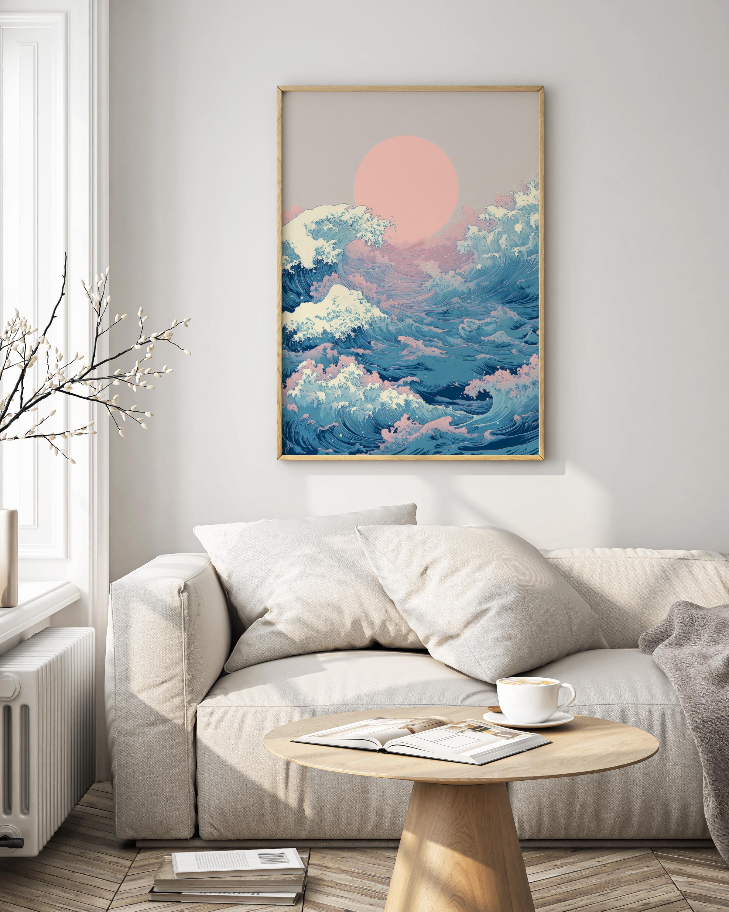 Japandi Wave Art Print: Pink Sun, Coastal Decor (digital Download