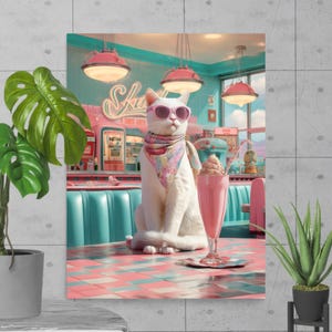 Retro Cat Diner Print: Mid-Century Modern Kitchen Wall Art