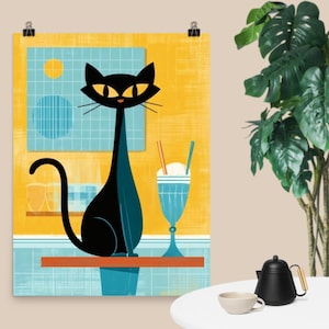 Atomic Cat with Milkshake Poster: Retro Mid-Century Modern Kitchen Art