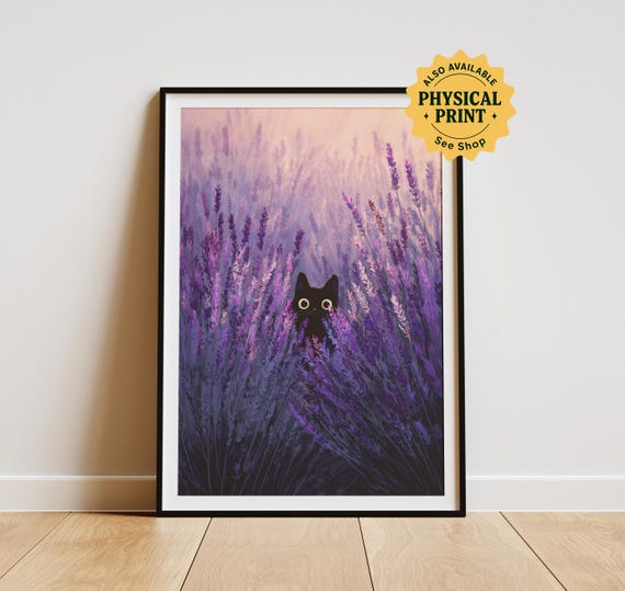 Whimsical Black Cat Lavender Field Print: Cottagecore Floral Wall Art (Digital Download)