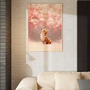 Puede incluir: Una impresi&oacute;n art&iacute;stica enmarcada que presenta un perro corgi mirando hacia arriba a un cerezo en flor rosa. La obra de arte tiene un estilo suave y pict&oacute;rico con una paleta de colores claros. El corgi es marr&oacute;n y blanco.