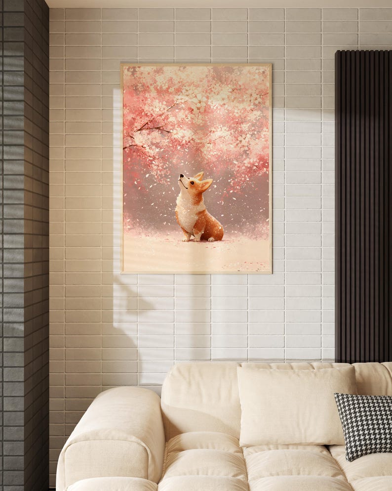 Puede incluir: Una impresi&oacute;n art&iacute;stica enmarcada que presenta un perro corgi mirando hacia arriba a un cerezo en flor rosa. La obra de arte tiene un estilo suave y pict&oacute;rico con una paleta de colores claros. El corgi es marr&oacute;n y blanco.