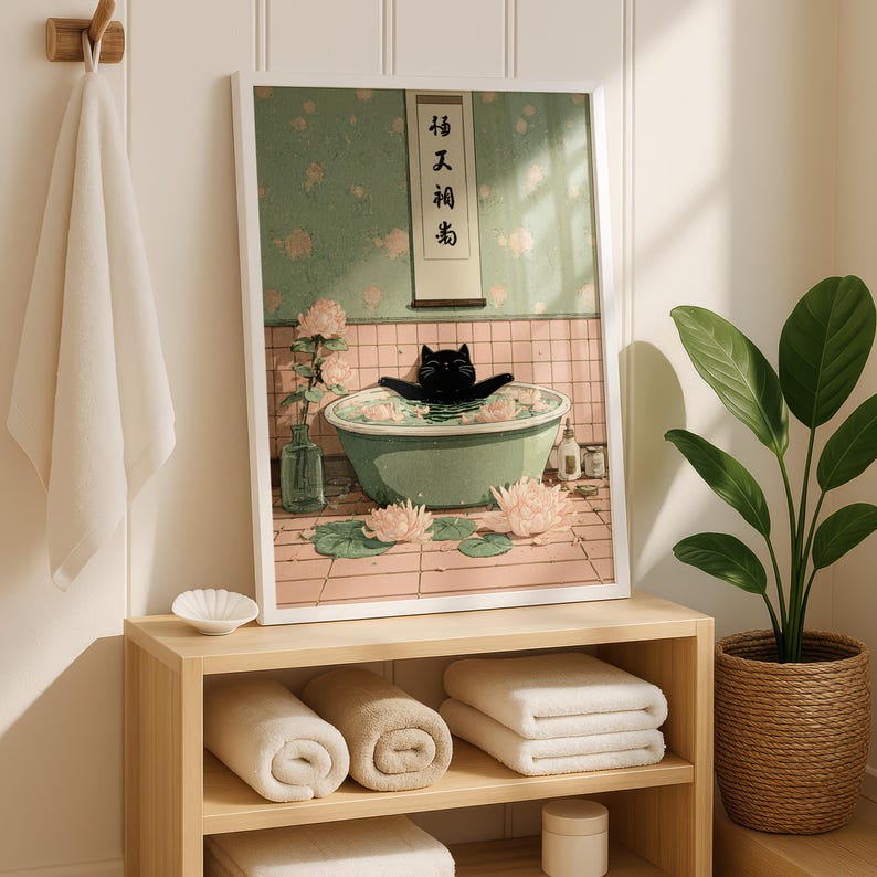 May include: A framed art print depicts a black cat relaxing in a green bathtub filled with water and flowers. The artwork has a soft, pastel color palette with pink and green tones. A white towel hangs on a wooden hook, and a plant in a woven basket is on the right.