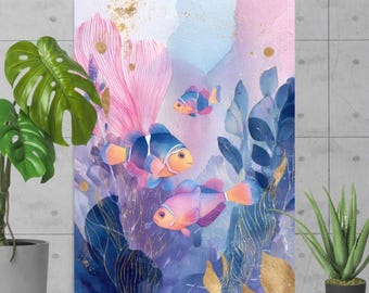 May include: A watercolour painting depicting clownfish in a marine environment. The artwork uses a palette of pink, blue, and gold. The fish have orange and blue markings, swimming amongst coral and seaweed. A vibrant underwater scene.