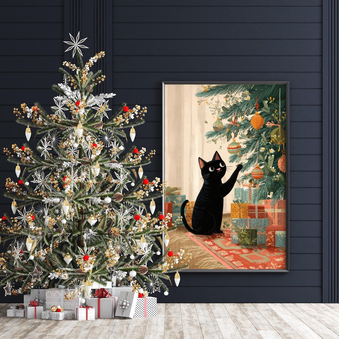 稲垣知雄　木版画　「Cat and Christmas Tree」 Black Cat Christmas Tree Print: Whimsical Holiday Wall Art - Etsy
