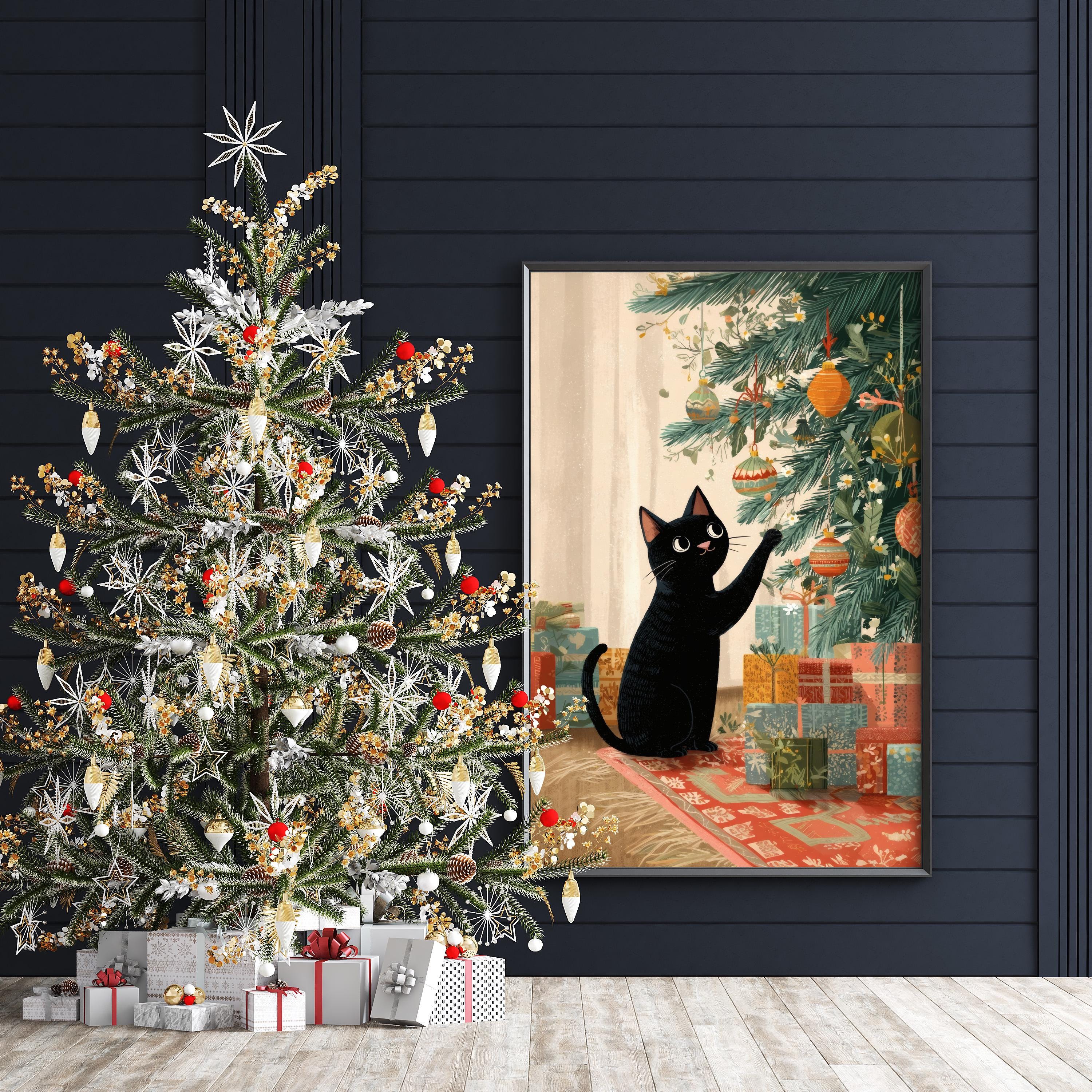 Black Cat Christmas Tree Print: Whimsical Holiday Wall Art - Etsy