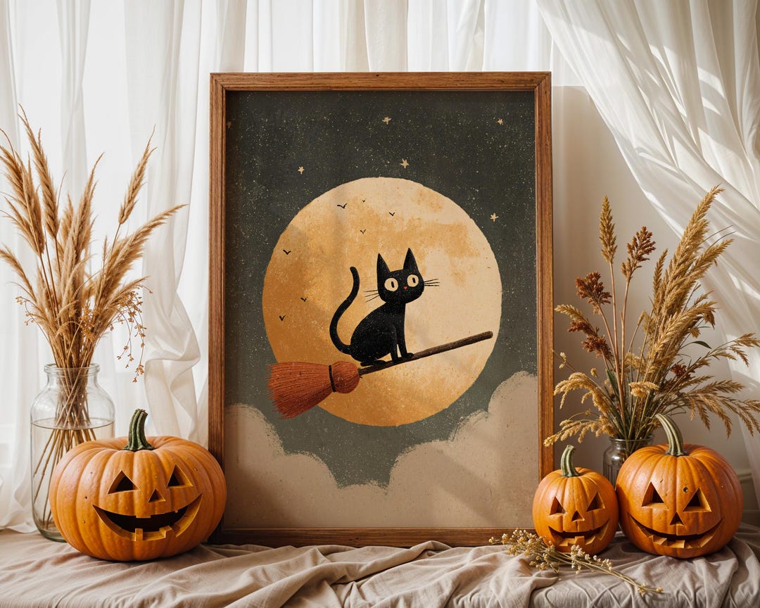 Halloween Black Cat Wall Art Print, Cat on Broom Poster, Spooky Moon ...