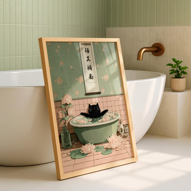Japandi Black Cat Bath Printable Wall Art, Japanese Spa Bathroom Poster ...
