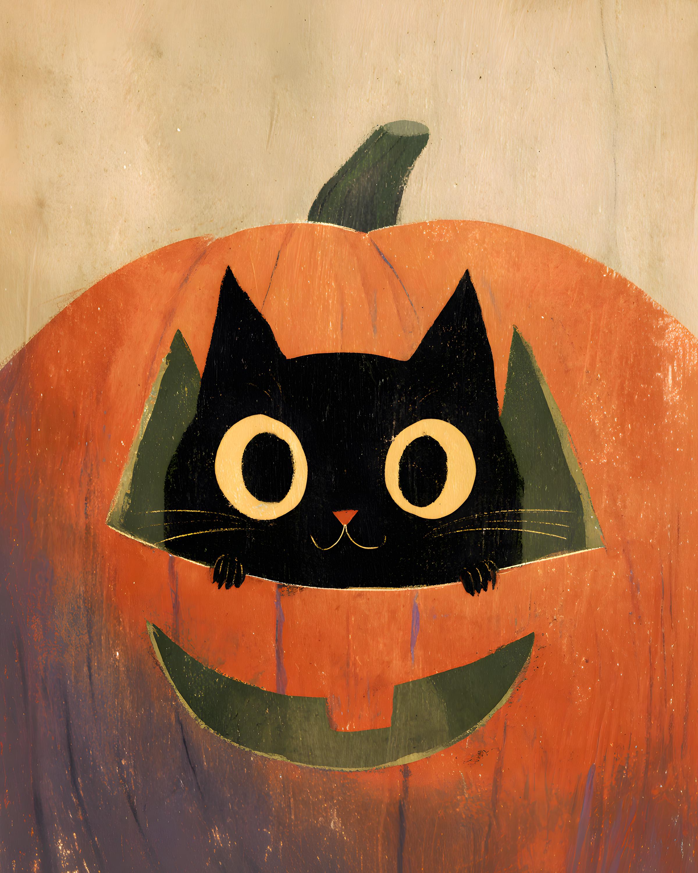 Halloween Black Cat Wall Art Printable, Cat in Jack O Lantern Poster ...