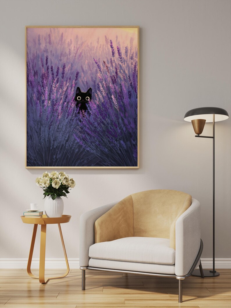 Whimsical Black Cat in Lavender Field – Cozy Vintage Floral Wall Art ...