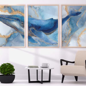 Whale Triptych Wall Art: Ocean Nursery Watercolor Prints (Digital Download)