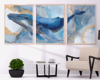 Whale Triptych Wall Art: Ocean Nursery Watercolor Prints (Digital Download)