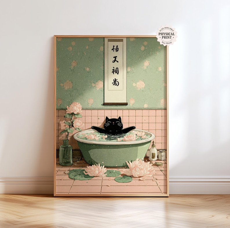 Japandi Black Cat Bath Printable Wall Art, Japanese Spa Bathroom Poster ...